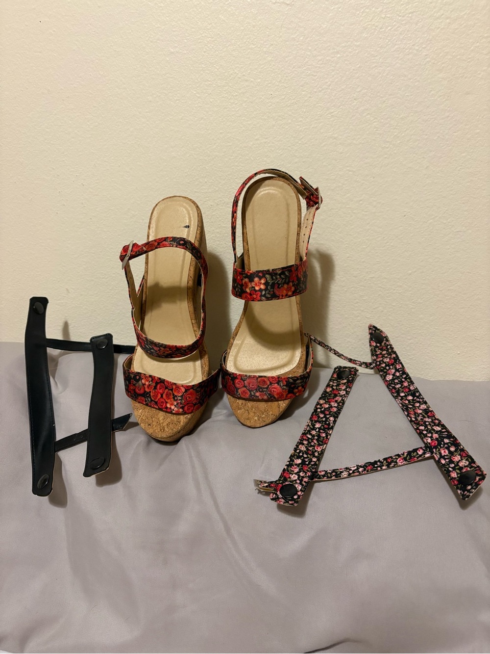 Floral Red Cork Platform Sandals with Ankle Strap